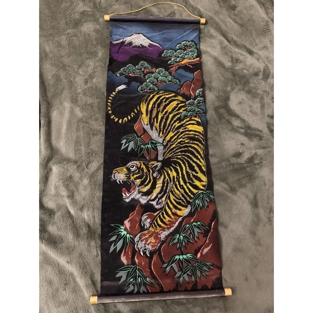 Vintage Japanese Velvet Wall Scrolls Mt. Fuji Tiger Samurai Peacock Geisha